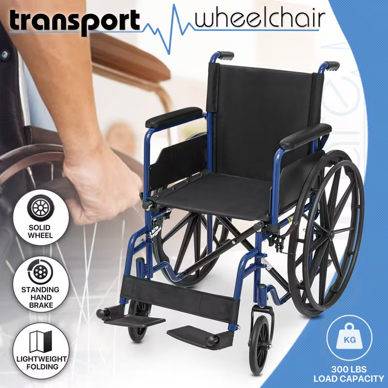Monicare Portable Folding Wheel Chair with Flip-Back Armrest and Swing Away Foot Leg Rest, Steel Frame Nylon Seat, 18 inch Wide Seat