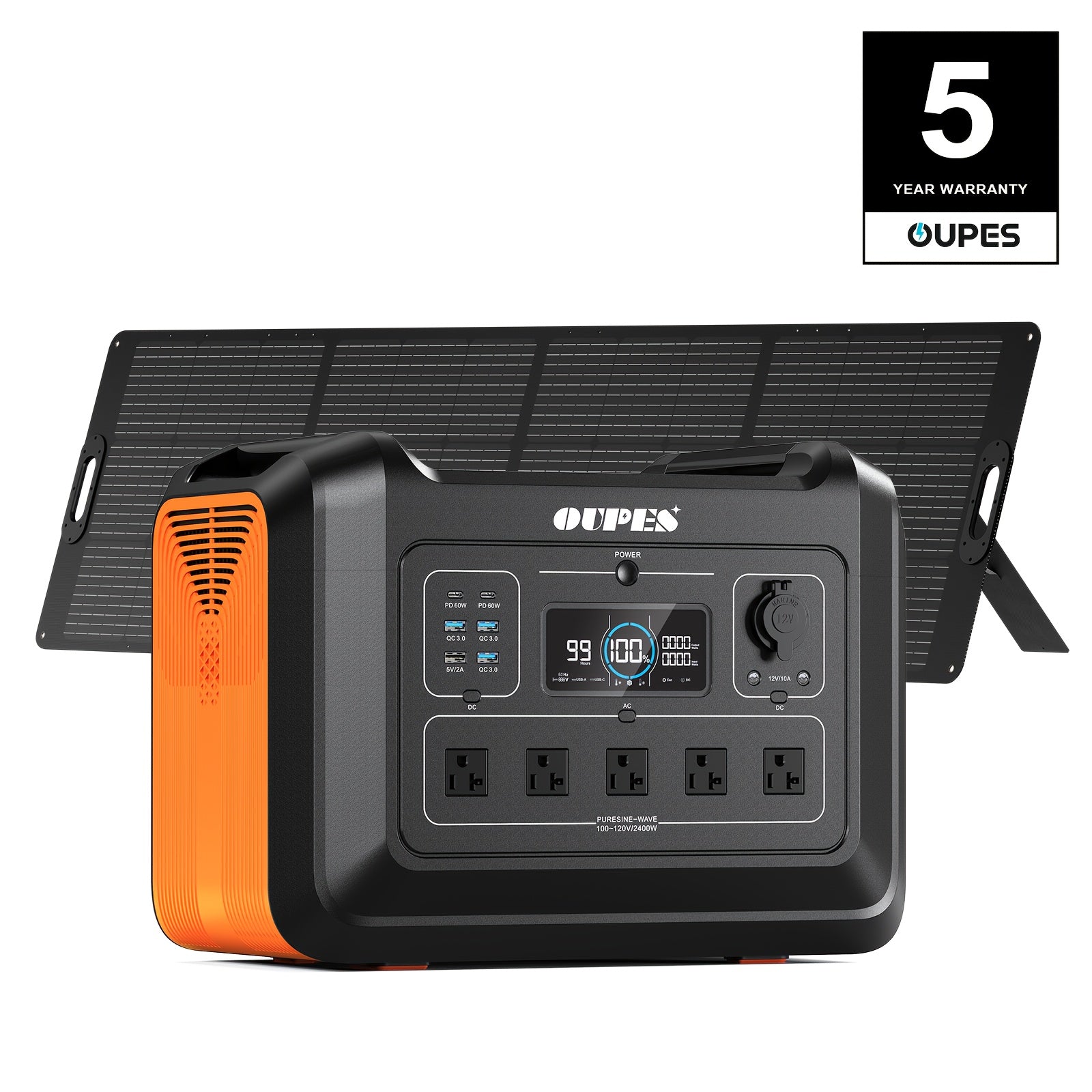 OUPES 2400W 2232Wh Portable Power Station, Solar Powered Generator with 5 AC Outlets (5000W Peak), Emergency LiFePO4 Battery UPS Generator for Home Backup, Outdoor, Camping, RV, Bundles, 240W-960W Solar Panel Optional