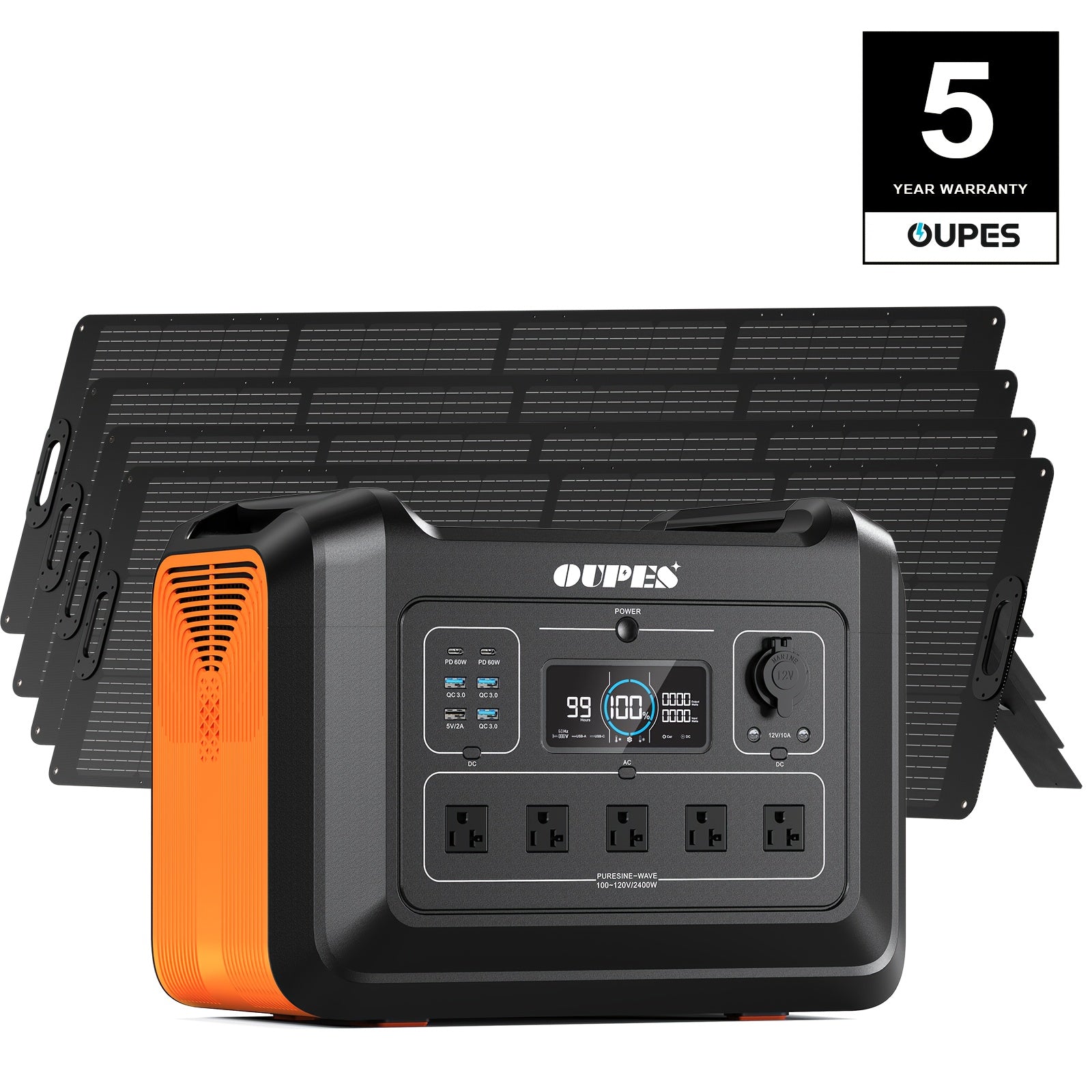 OUPES 2400W 2232Wh Portable Power Station, Solar Powered Generator with 5 AC Outlets (5000W Peak), Emergency LiFePO4 Battery UPS Generator for Home Backup, Outdoor, Camping, RV, Bundles, 240W-960W Solar Panel Optional