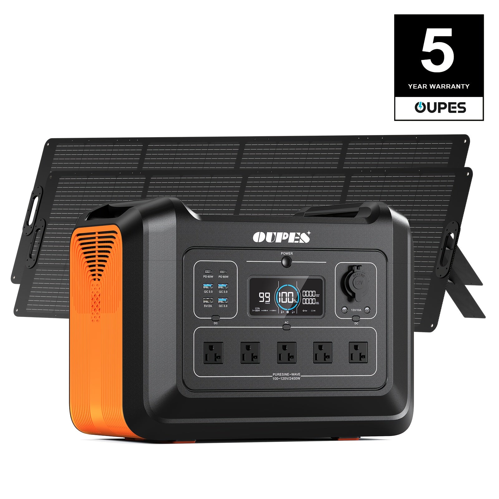 OUPES 2400W 2232Wh Portable Power Station, Solar Powered Generator with 5 AC Outlets (5000W Peak), Emergency LiFePO4 Battery UPS Generator for Home Backup, Outdoor, Camping, RV, Bundles, 240W-960W Solar Panel Optional