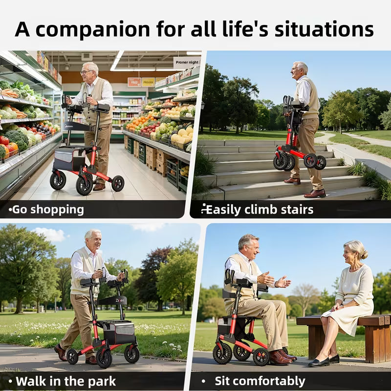 Adjustable Height Four-Wheel Walker with Enlarged Shopping Basket & Seat - Heavy-Duty Lightweight Folding Mobility Aid