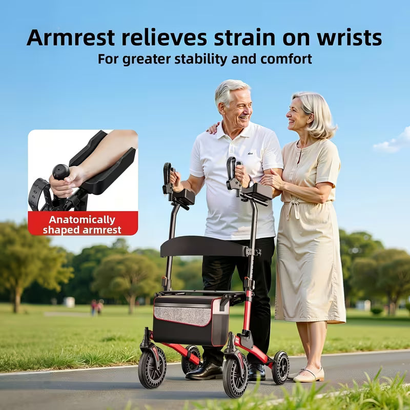 Adjustable Height Four-Wheel Walker with Enlarged Shopping Basket & Seat - Heavy-Duty Lightweight Folding Mobility Aid