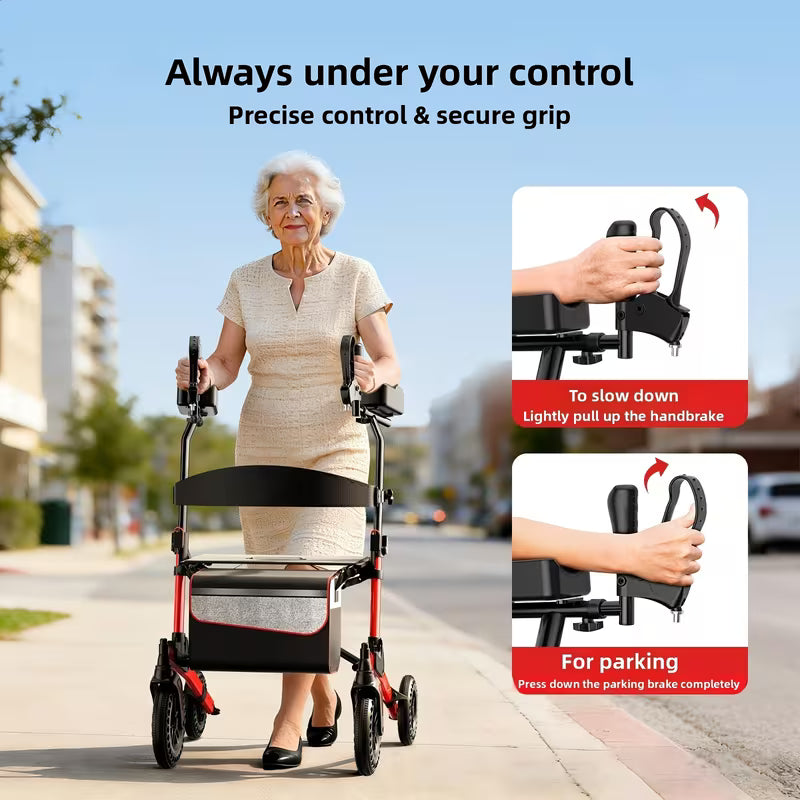 Adjustable Height Four-Wheel Walker with Enlarged Shopping Basket & Seat - Heavy-Duty Lightweight Folding Mobility Aid