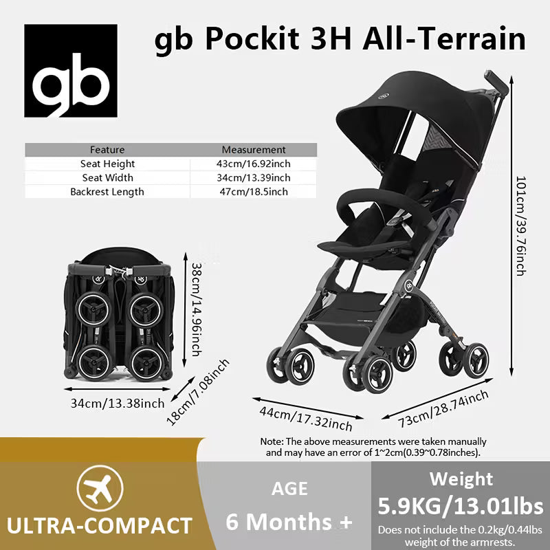 POCKIT 3H Ultra-Light Foldable Stroller | 13.01LB Portable Baby Pushchair with All-Terrain Wheels, One-Touch Fold/Brake, Storage Basket, Sunshade Canopy & Baby Handle, Gift Box Packaging, For Halloween, Thanksgiving, Christmas