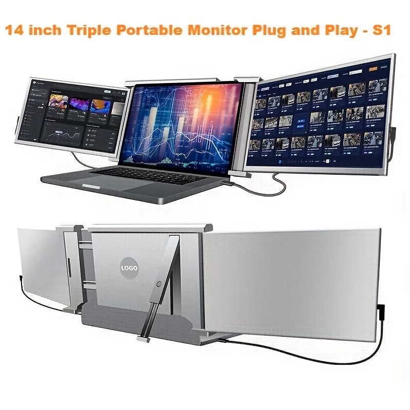 Portable Triple Monitor for Laptop | 14" Laptop Screen Extender, Surveillance Video Security Monitor Displays, 315° Rotate, Plug and Play, 1080P FHD, for 13.5"-16.5" Laptops