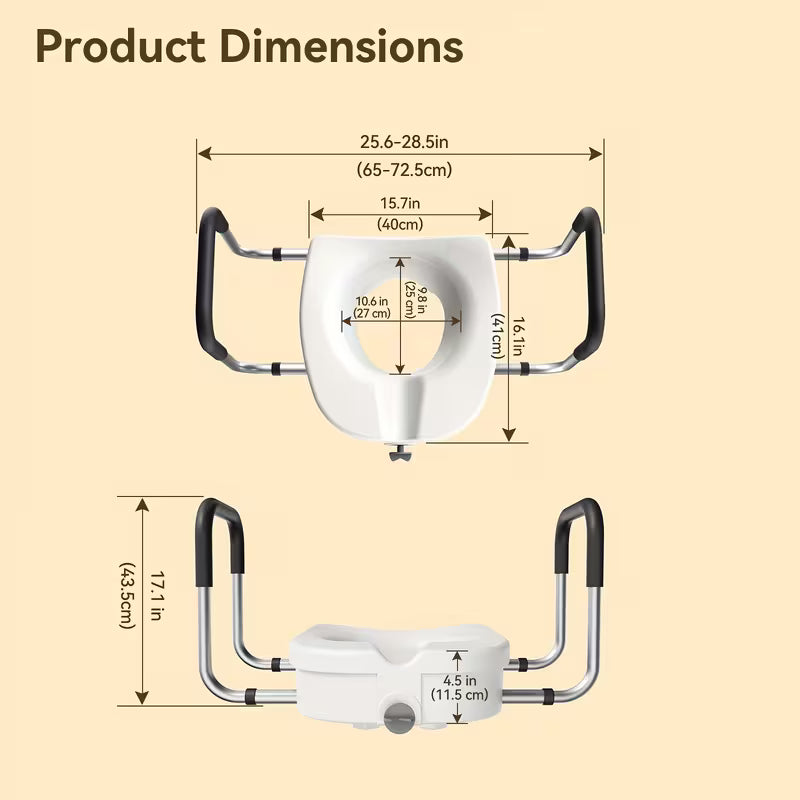 Raised Toilet Seat, 4.5 Riser with Adjustable Soft Padded Arms