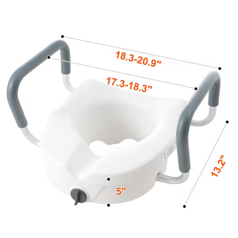 Raised Toilet Seat, 5" Height Raised, 350 lbs Weight Capacity, for Round and Elongated Toilet, Twist Lock Installation,19.1" - 21.7" Adjustable Width