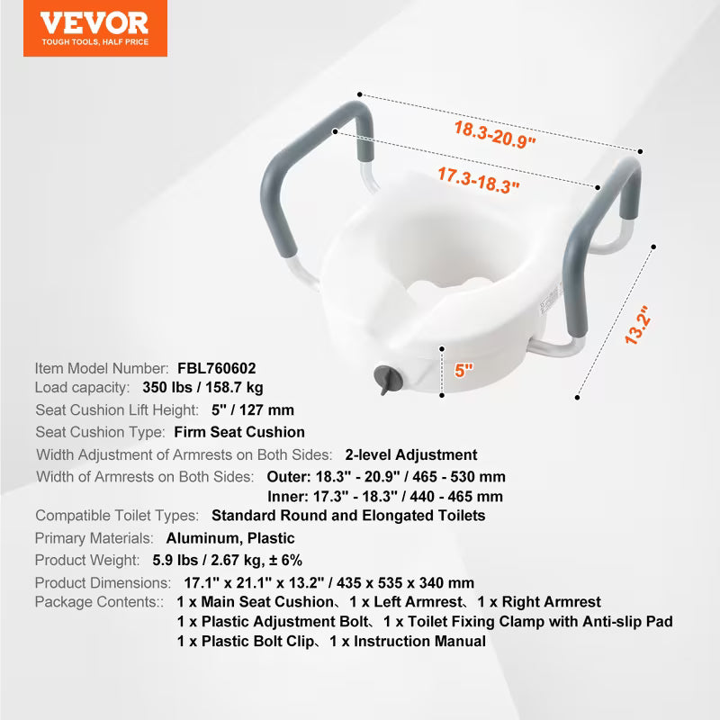Raised Toilet Seat, 5" Height Raised, 350 lbs Weight Capacity, for Round and Elongated Toilet, Twist Lock Installation,19.1" - 21.7" Adjustable Width