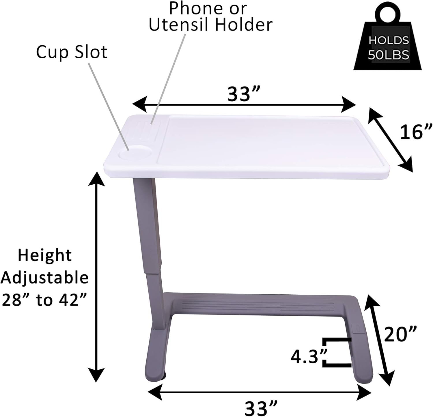 Rolling Overbed Table, Hospital Bed Table, Laptop Tables for Recliner, Bed, Bedside and Sofa, Computer Tables, Hospital Tray, Adjustable with Wheels and Secure Height Adjustment
