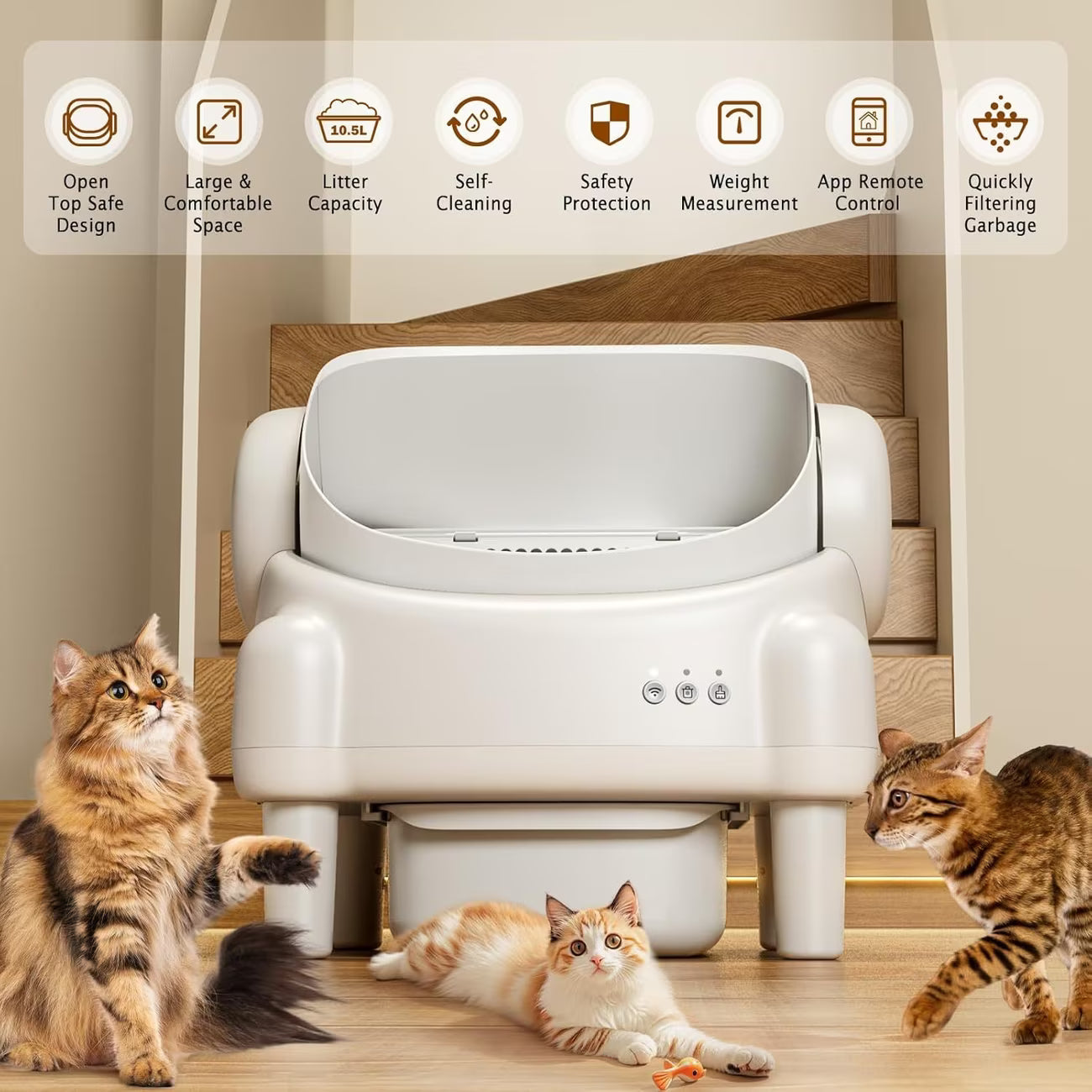 Self Cleaning Cat Litter Box, Automatic Kitty Litter Boxes For Multiple Cats, Built In Ambient Light, Double Odor Removal Safety Protection With App Control