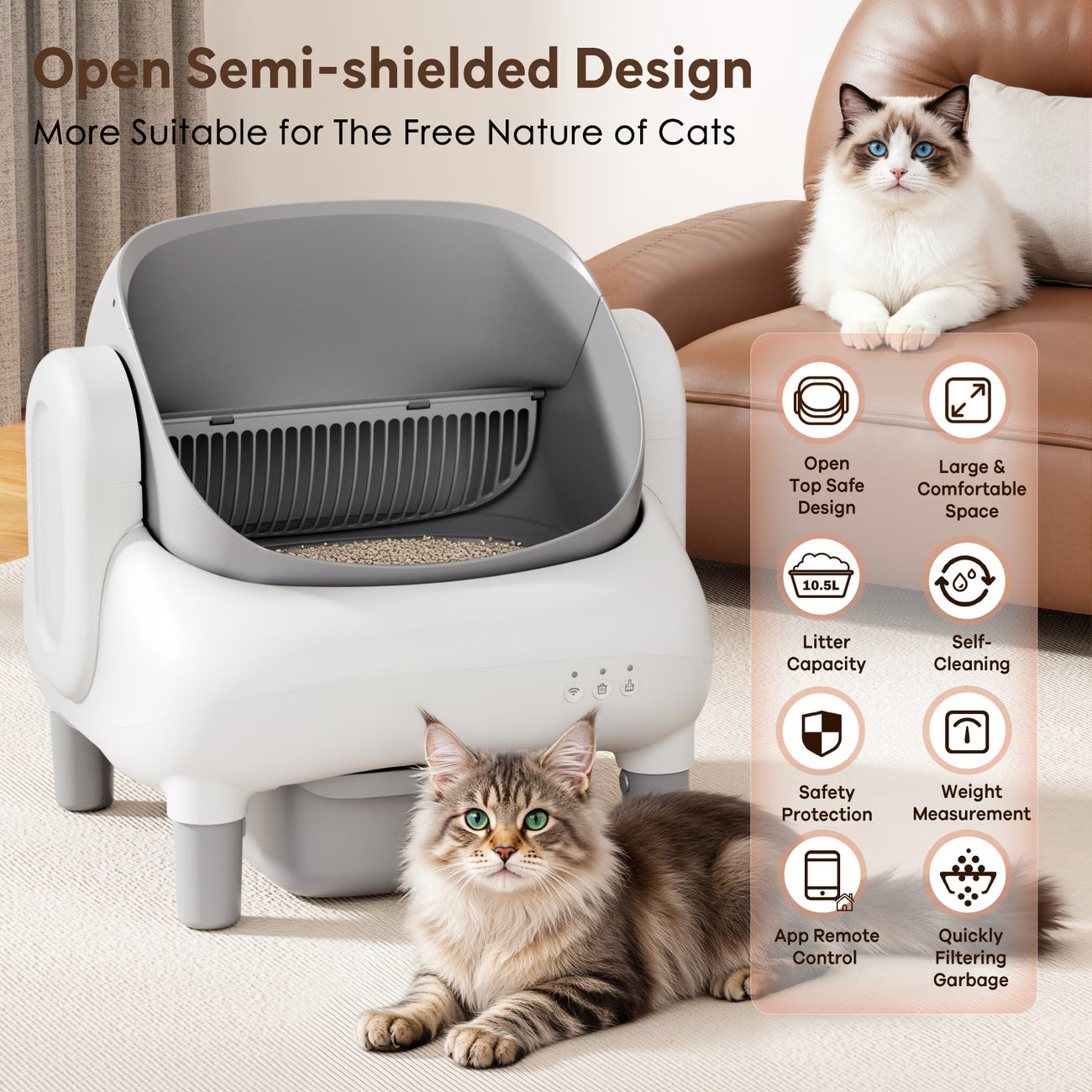Self Cleaning Cat Litter Box, Automatic Kitty Litter Boxes For Multiple Cats, Built In Ambient Light, Double Odor Removal Safety Protection With App Control