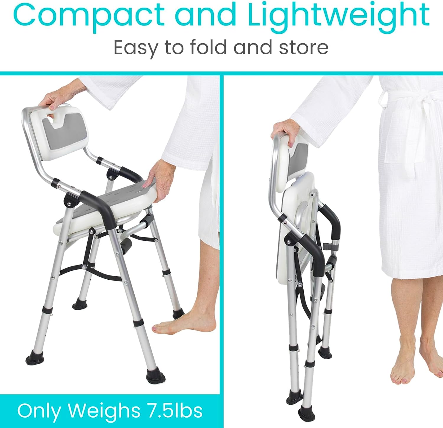 Shower Chair For Elderly And Disabled - Folding Seat With Arms And Back - Foldable Bathroom Chairs For Sitting, Inside Shower - Portable For Travel - Fold Down, Collapsible, Compact & Comfortable