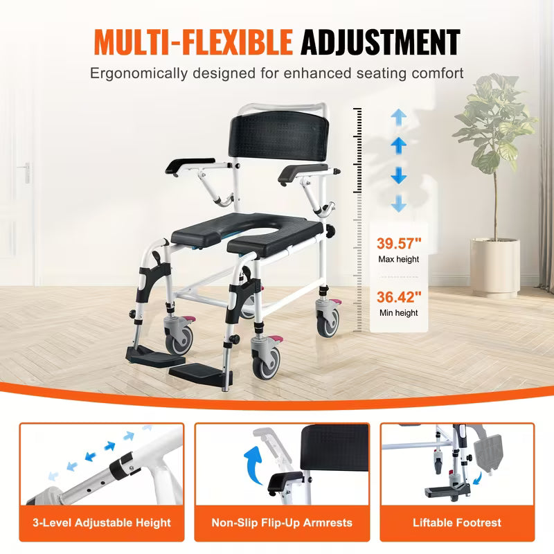 Shower Commode Rolling Walkers with 4 Lockable Wheels, Adjustable