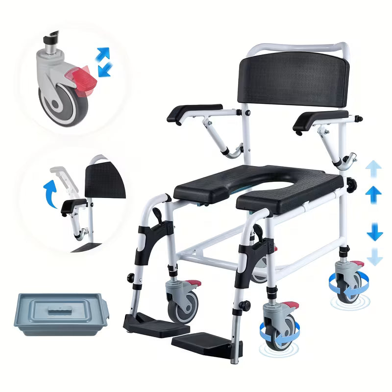 Shower Commode Rolling Walkers with 4 Lockable Wheels, Adjustable