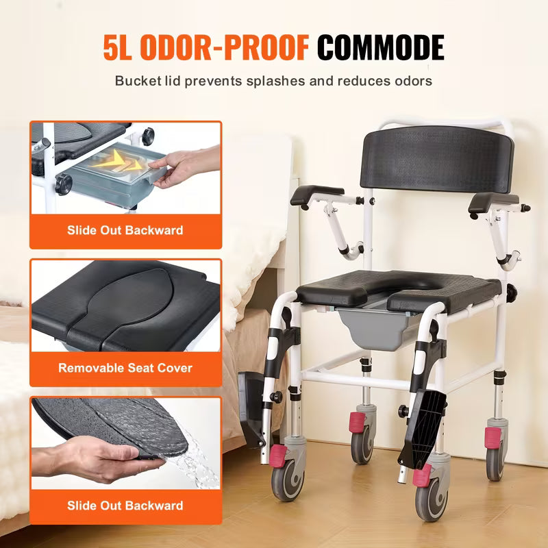 Shower Commode Rolling Walkers with 4 Lockable Wheels, Adjustable