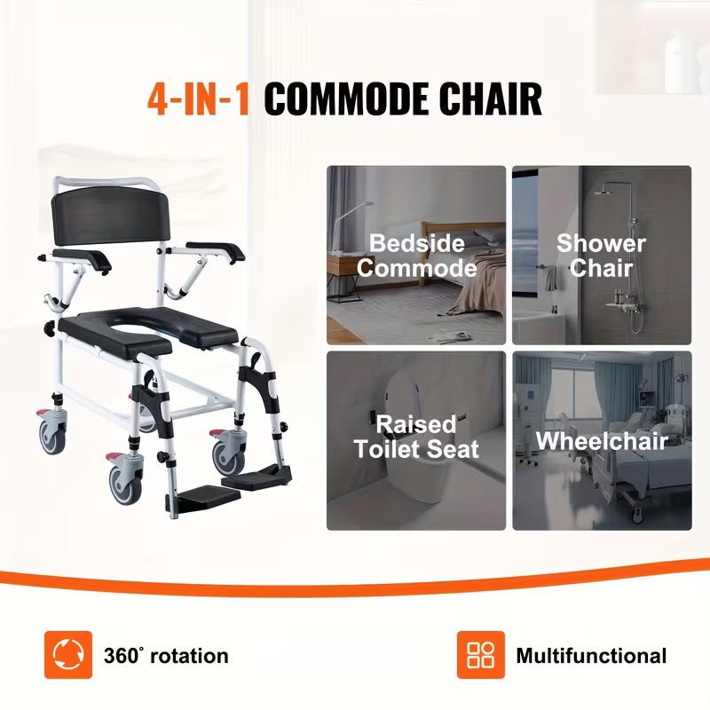 Shower Commode Rolling Walkers with 4 Lockable Wheels, Adjustable