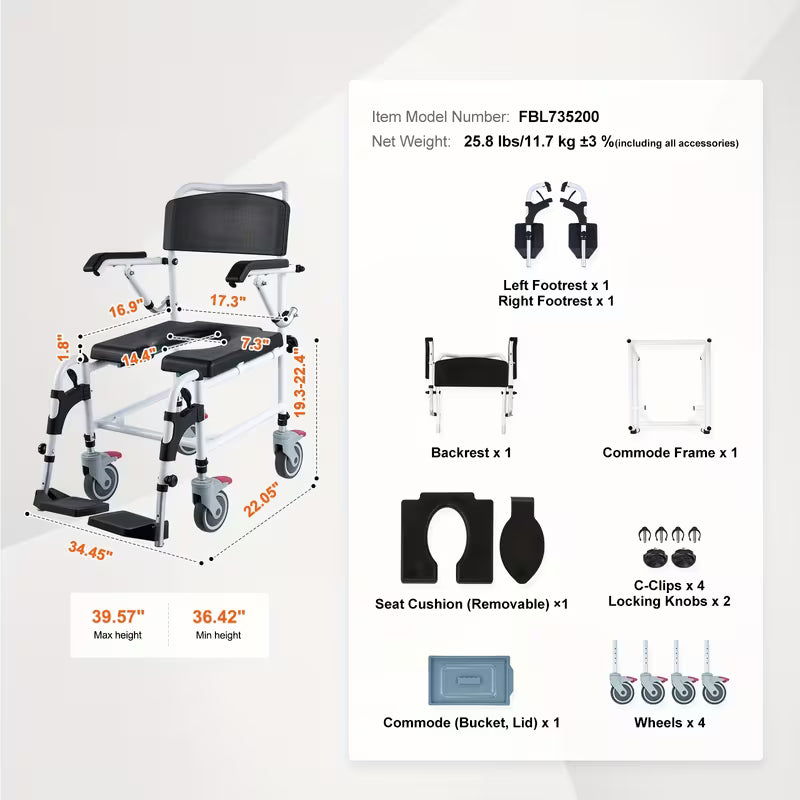 Shower Commode Rolling Walkers with 4 Lockable Wheels, Adjustable