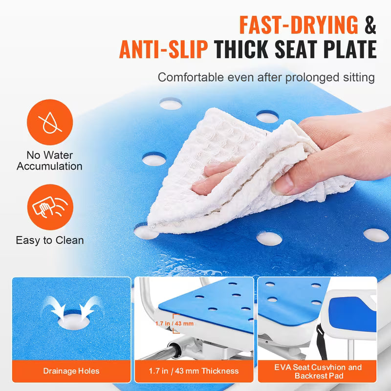 Sliding Tub Transfer Bench Shower Chair with 360 Degree Swivel Seat 400LBS