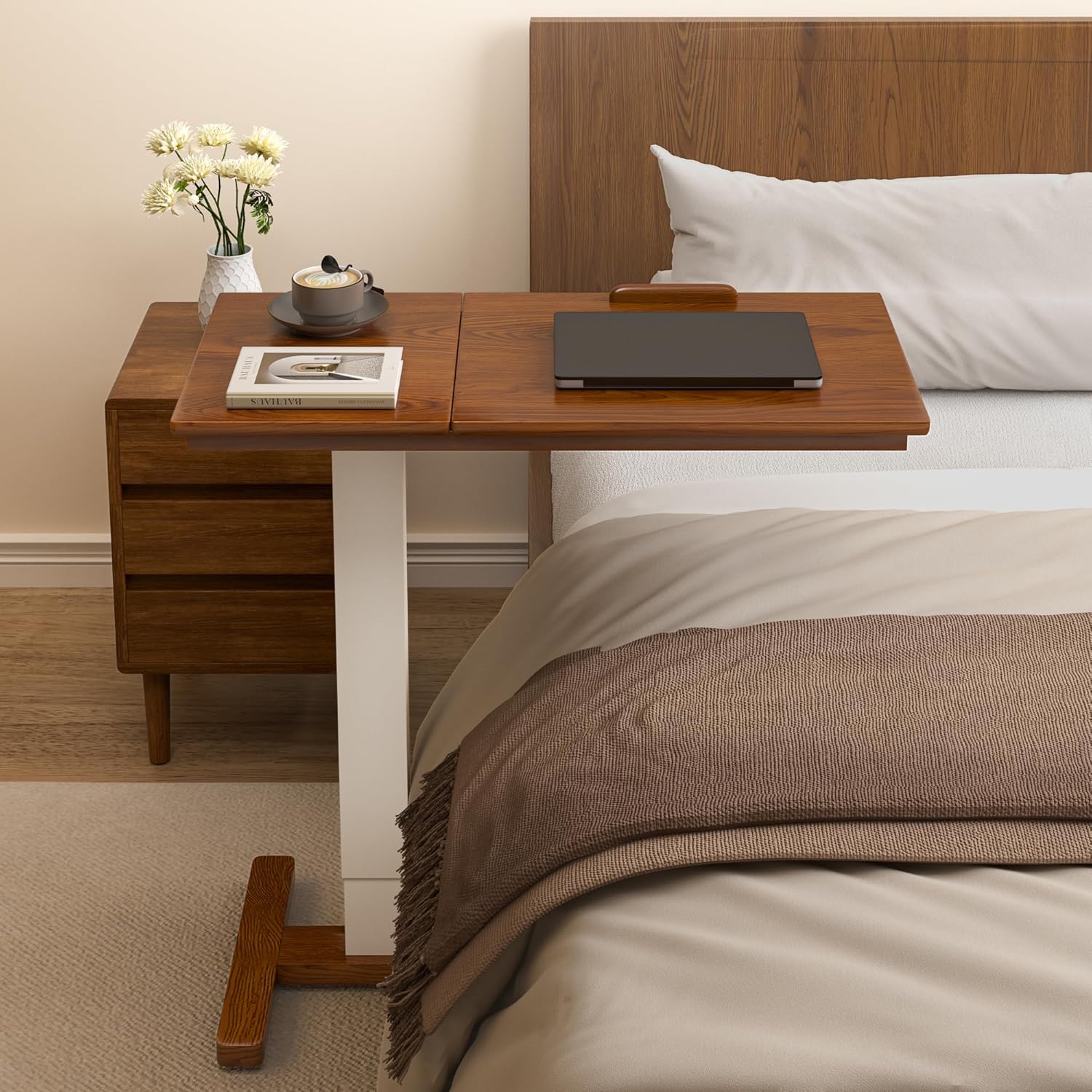 Solid Wood Overbed Bedside Table with Hidden Casters, Adjustable Hospital Bed Table Rolling Laptop Desk with Split Dual Desktop & Pneumatic Gas Spring Lift for Hospital, Home Use (Walnut)