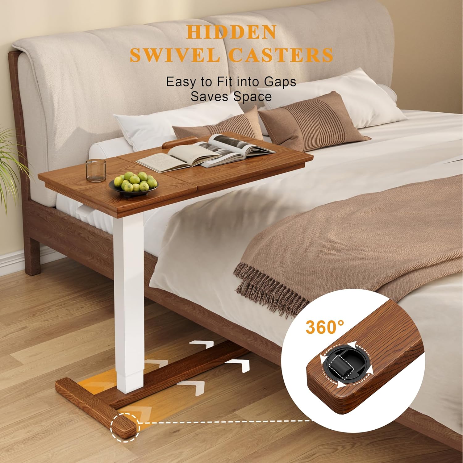 Solid Wood Overbed Bedside Table with Hidden Casters, Adjustable Hospital Bed Table Rolling Laptop Desk with Split Dual Desktop & Pneumatic Gas Spring Lift for Hospital, Home Use (Walnut)