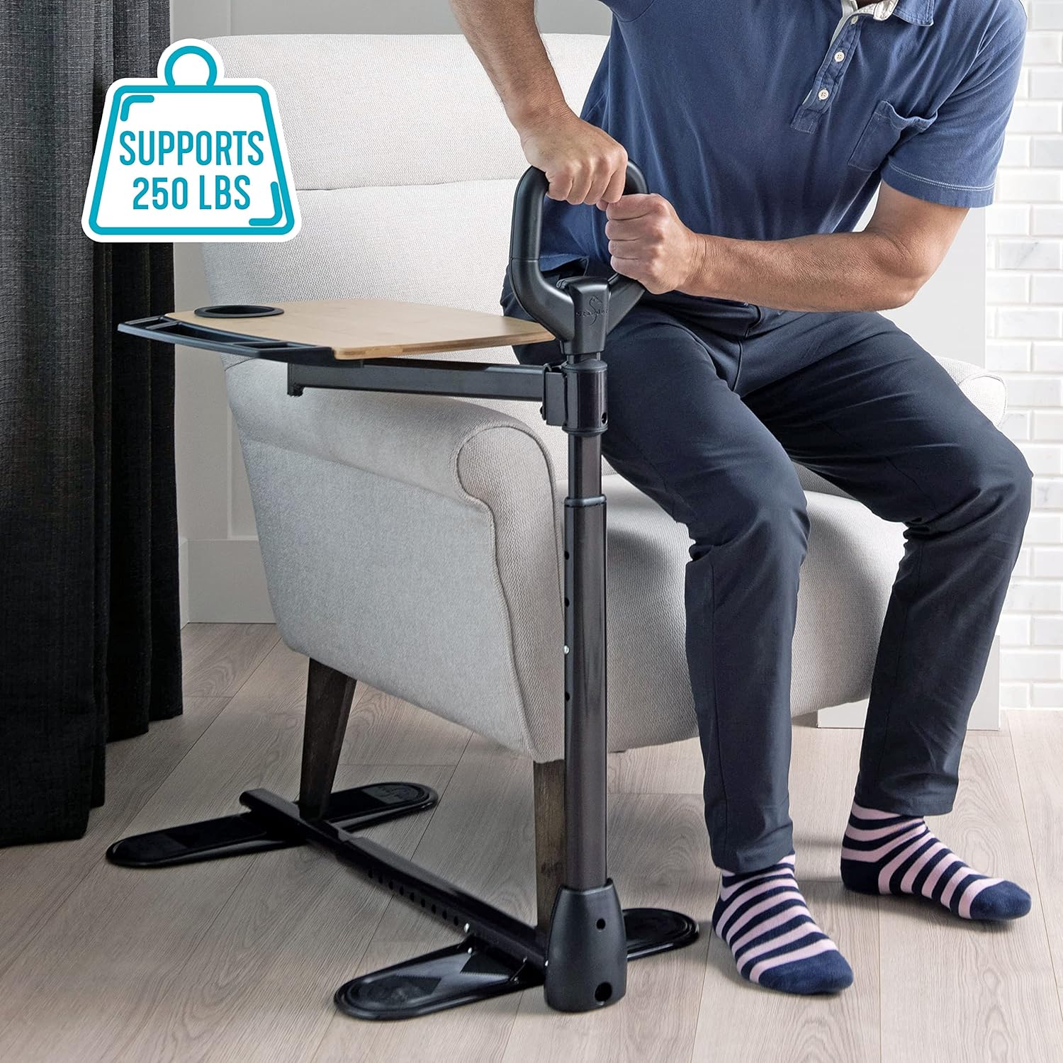 Tray Table, Adjustable Bamboo TV and Laptop Desk with Ergonomic Stand Assist Safety Handle, Independent Living Aid