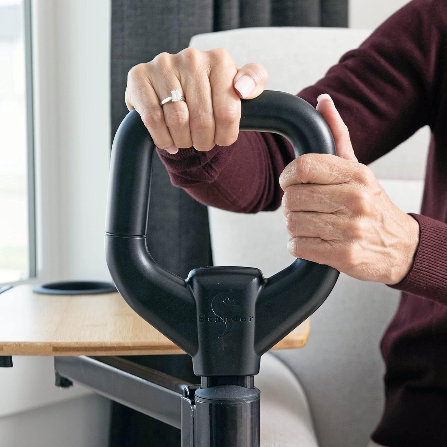 Tray Table, Adjustable Bamboo TV and Laptop Desk with Ergonomic Stand Assist Safety Handle, Independent Living Aid