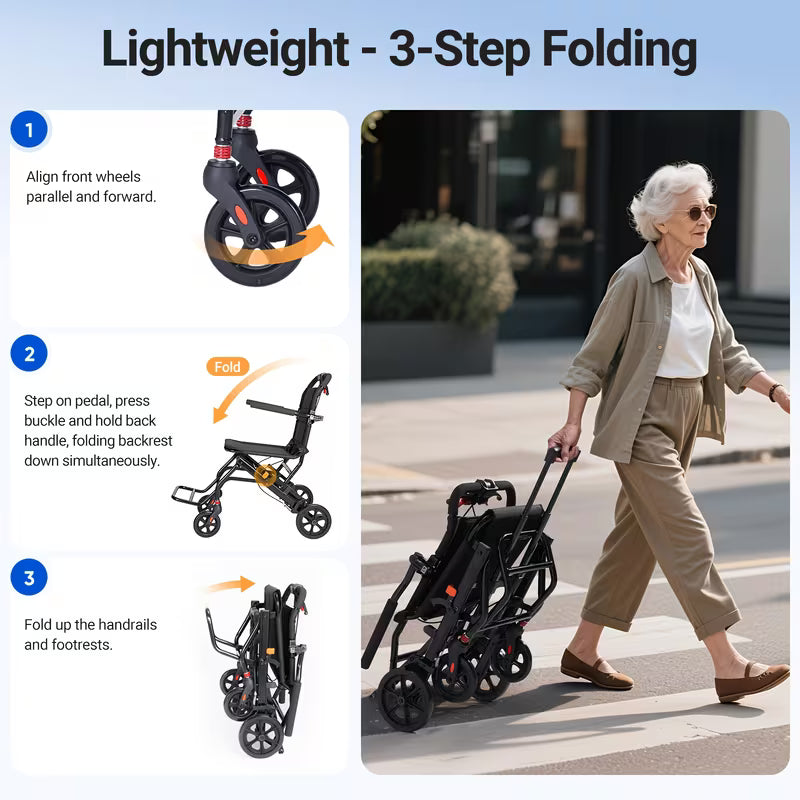 Ultralight Folding Wheelchair - 22.4lb Lightweight Portable Mobility Aid for Adults & Seniors