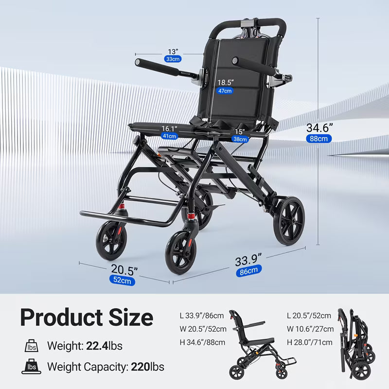 Ultralight Folding Wheelchair - 22.4lb Lightweight Portable Mobility Aid for Adults & Seniors