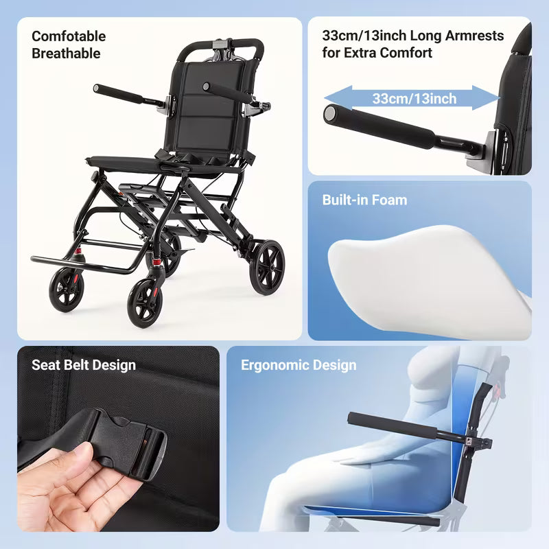 Ultralight Folding Wheelchair - 22.4lb Lightweight Portable Mobility Aid for Adults & Seniors