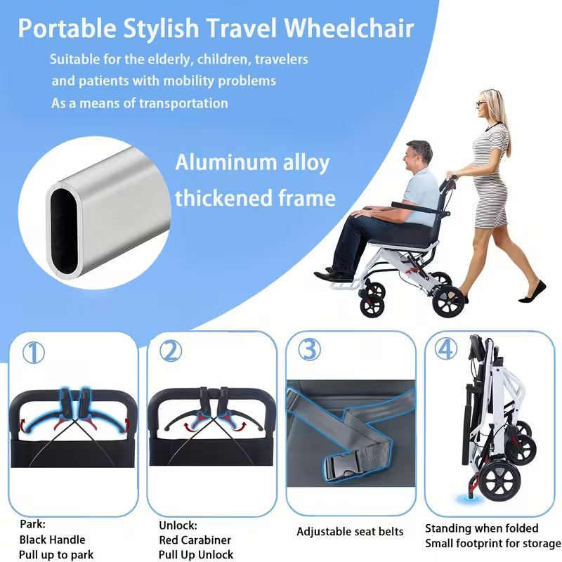 Ultralight Transport Wheelchair Folding Portable Boarding Travel Wheelchair with Handbrake for Adults
