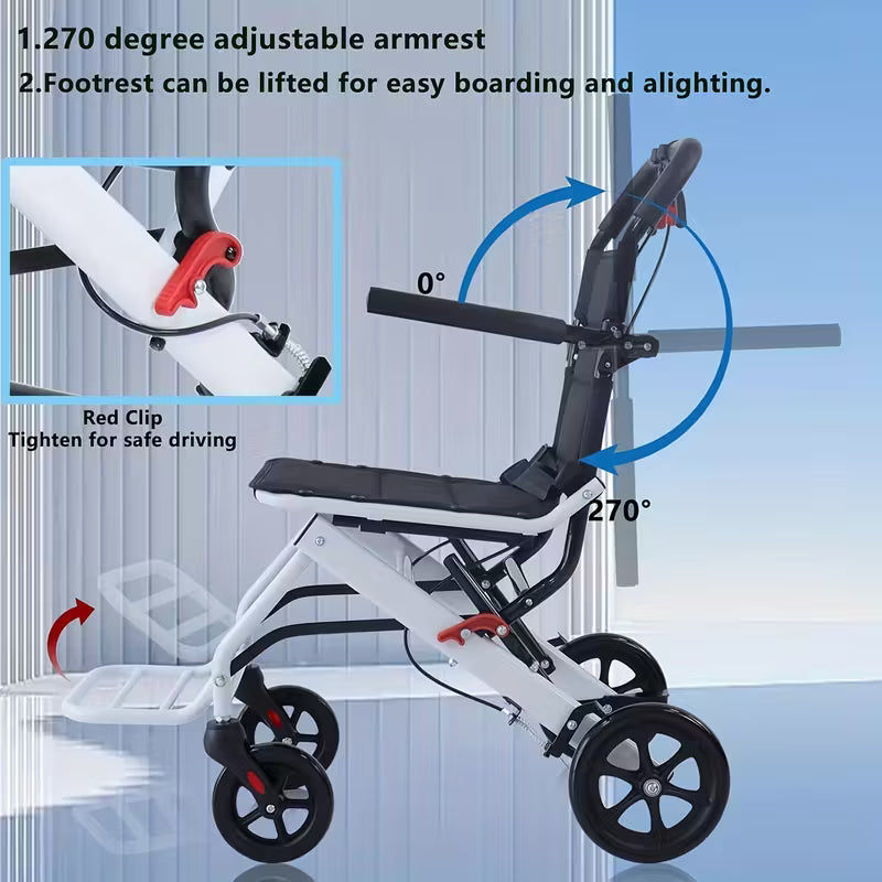 Ultralight Transport Wheelchair Folding Portable Boarding Travel Wheelchair with Handbrake for Adults
