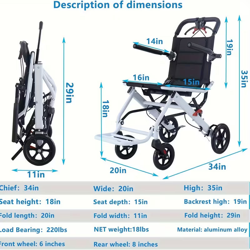 Ultralight Transport Wheelchair Folding Portable Boarding Travel Wheelchair with Handbrake for Adults