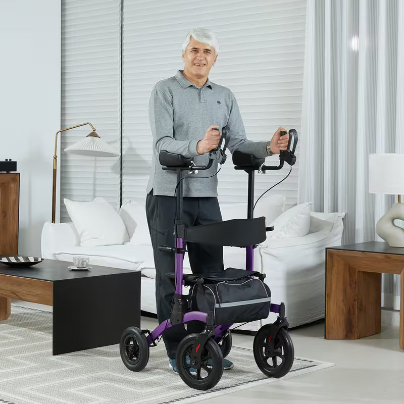 Upright Rollator Walkers for Seniors Stand Up Aluminium Tall Walker Light Weight for Rolling Mobility Walking Aids Light Purple