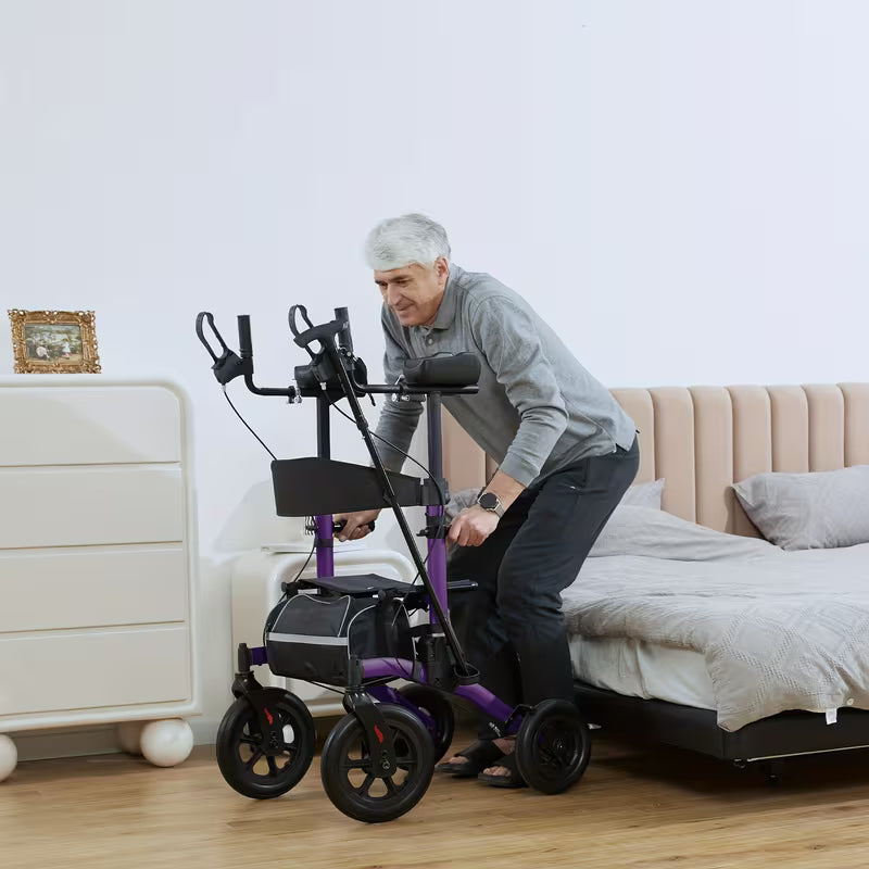 Upright Rollator Walkers for Seniors Stand Up Aluminium Tall Walker Light Weight for Rolling Mobility Walking Aids Light Purple