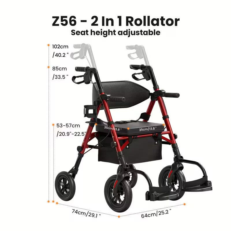 Walkers For Seniors, Wheelchairs For Adults, Rollator Walker With Seat, 2 In 1 Rollator Transport Chair With Brakes, Rolling Walker Lightweight Foldable, Walker Wheelchair Combo, Folding Portable Wheelchair With Hand Brake, Transport Wheelchair Black