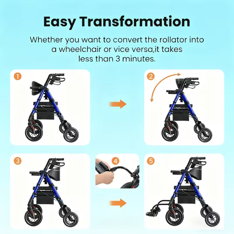 Walkers For Seniors, Wheelchairs For Adults, Rollator Walker With Seat, 2 In 1 Rollator Transport Chair With Brakes, Rolling Walker Lightweight Foldable, Walker Wheelchair Combo, Folding Portable Wheelchair With Hand Brake, Transport Wheelchair Black