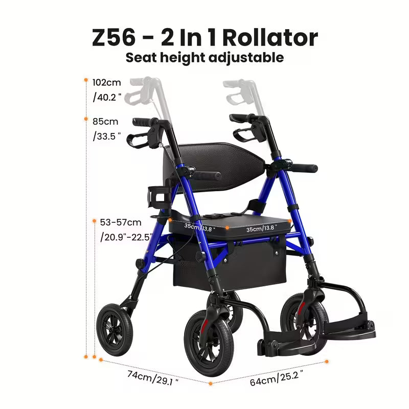 Walkers For Seniors, Wheelchairs For Adults, Rollator Walker With Seat, 2 In 1 Rollator Transport Chair With Brakes, Rolling Walker Lightweight Foldable, Walker Wheelchair Combo, Folding Portable Wheelchair With Hand Brake, Transport Wheelchair Black
