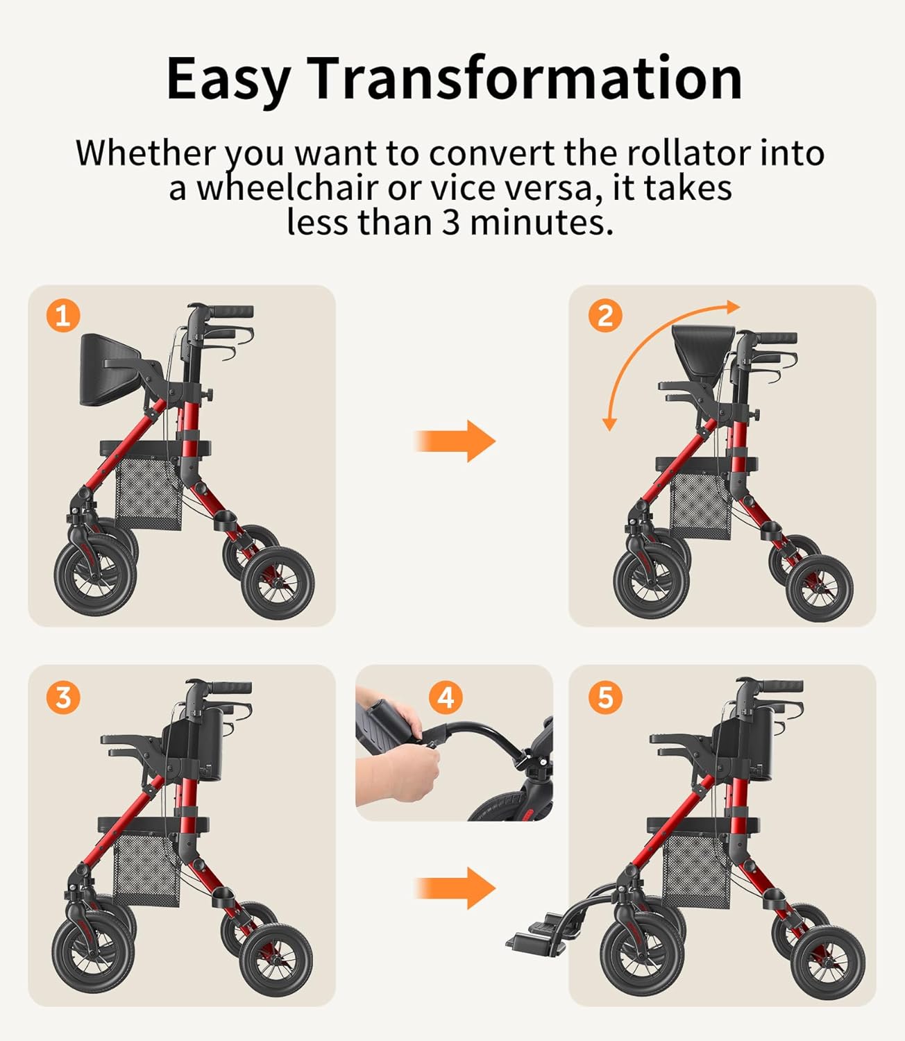 Walkers for Seniors, Wheelchairs for Adults, Rollator Walker with Seat, 2 in 1 Rollator Transport Chair with Brakes, Rollator Lightweight Foldable, Walker Wheelchair Combo