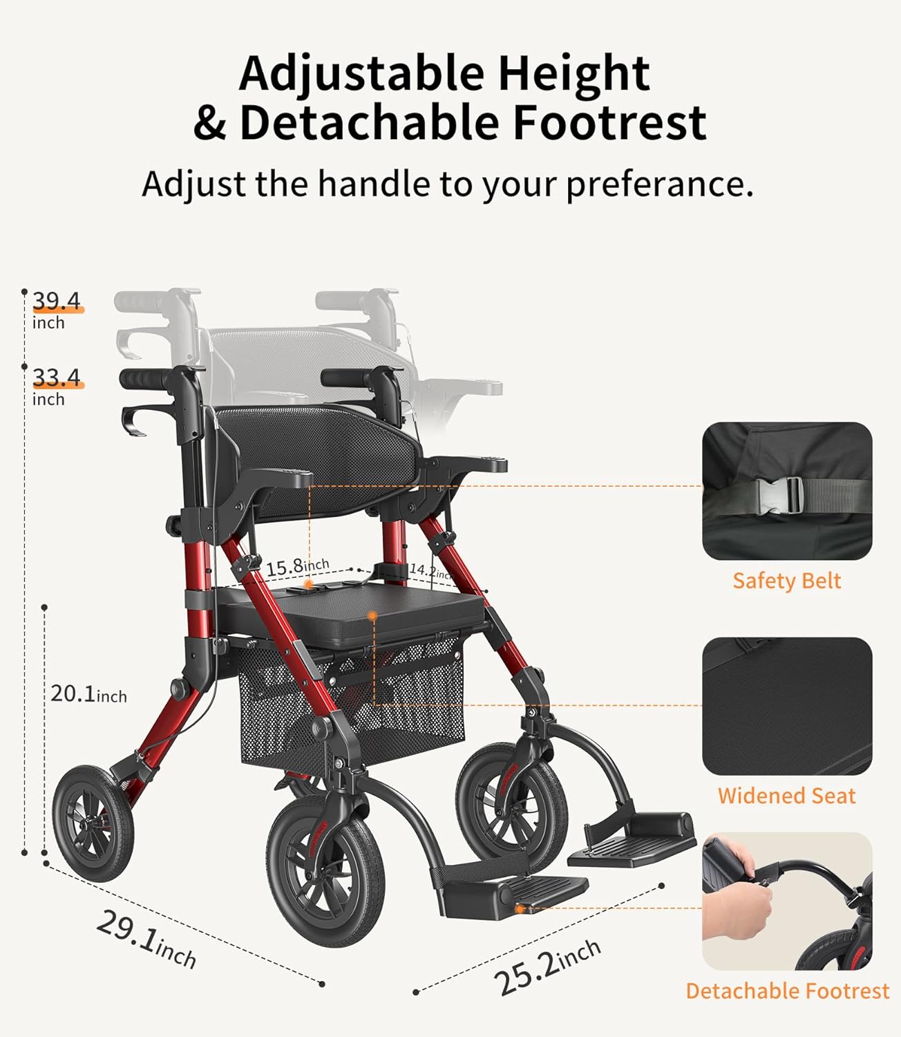 Walkers for Seniors, Wheelchairs for Adults, Rollator Walker with Seat, 2 in 1 Rollator Transport Chair with Brakes, Rollator Lightweight Foldable, Walker Wheelchair Combo