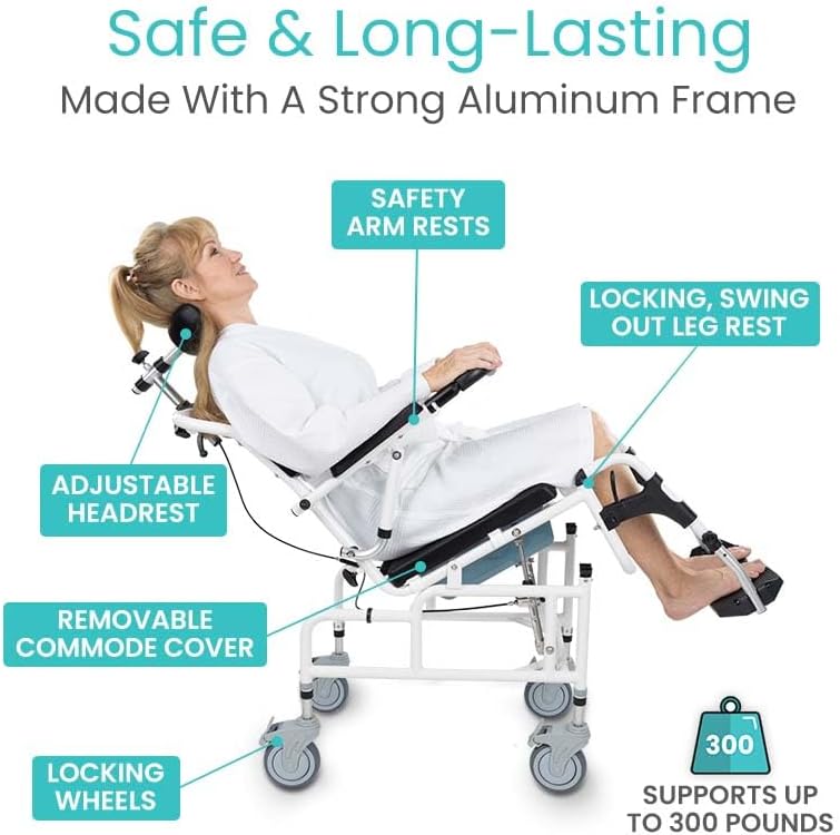 Reclining Shower Chair with Wheels - Commode Wheelchair for Seniors, Disabled, Bariatric & Handicap - Padded Transfer Rolling Chairs with Arms - Portable & Waterproof - Extra Wide Seat