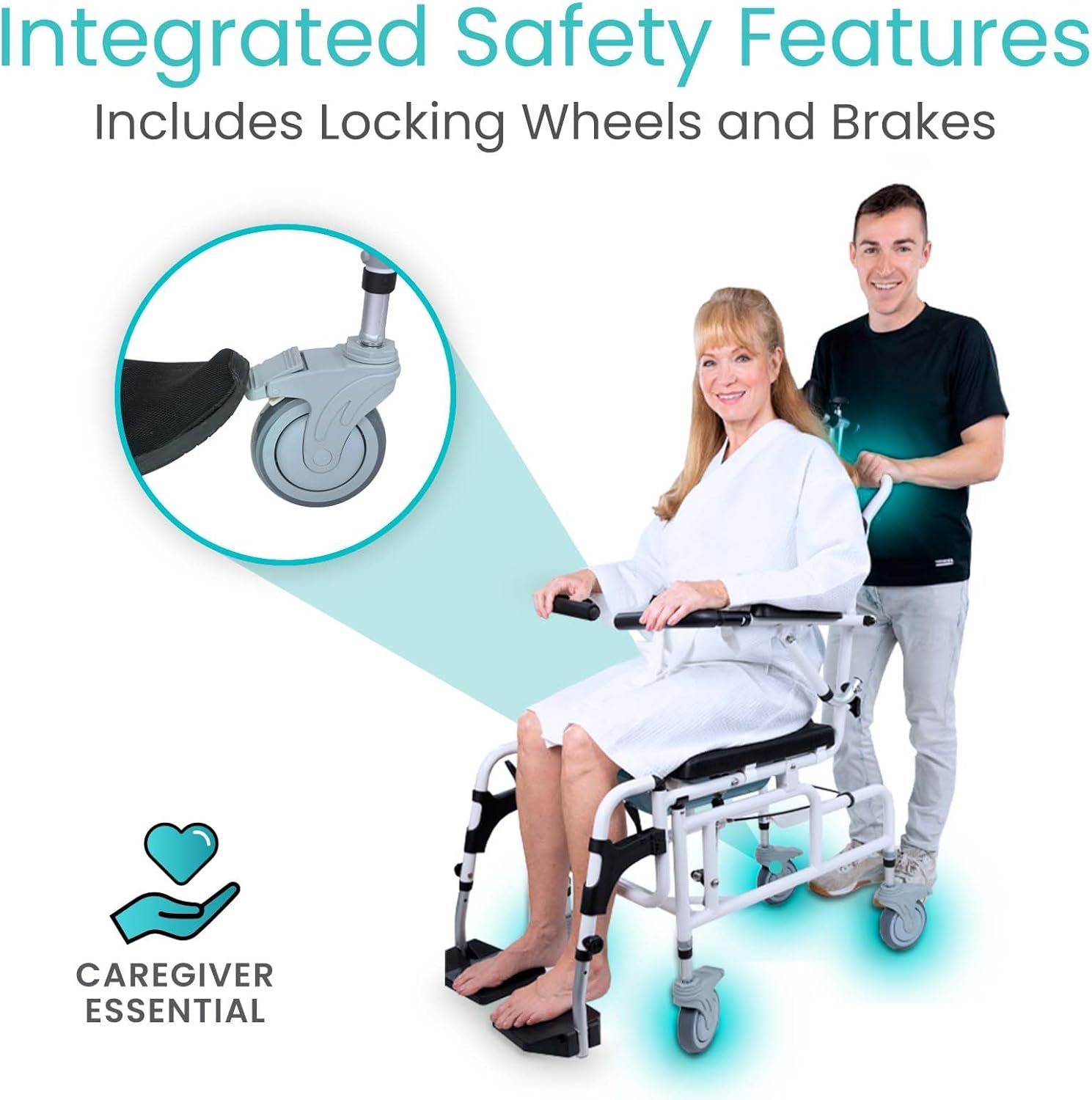 Reclining Shower Chair with Wheels - Commode Wheelchair for Seniors, Disabled, Bariatric & Handicap - Padded Transfer Rolling Chairs with Arms - Portable & Waterproof - Extra Wide Seat