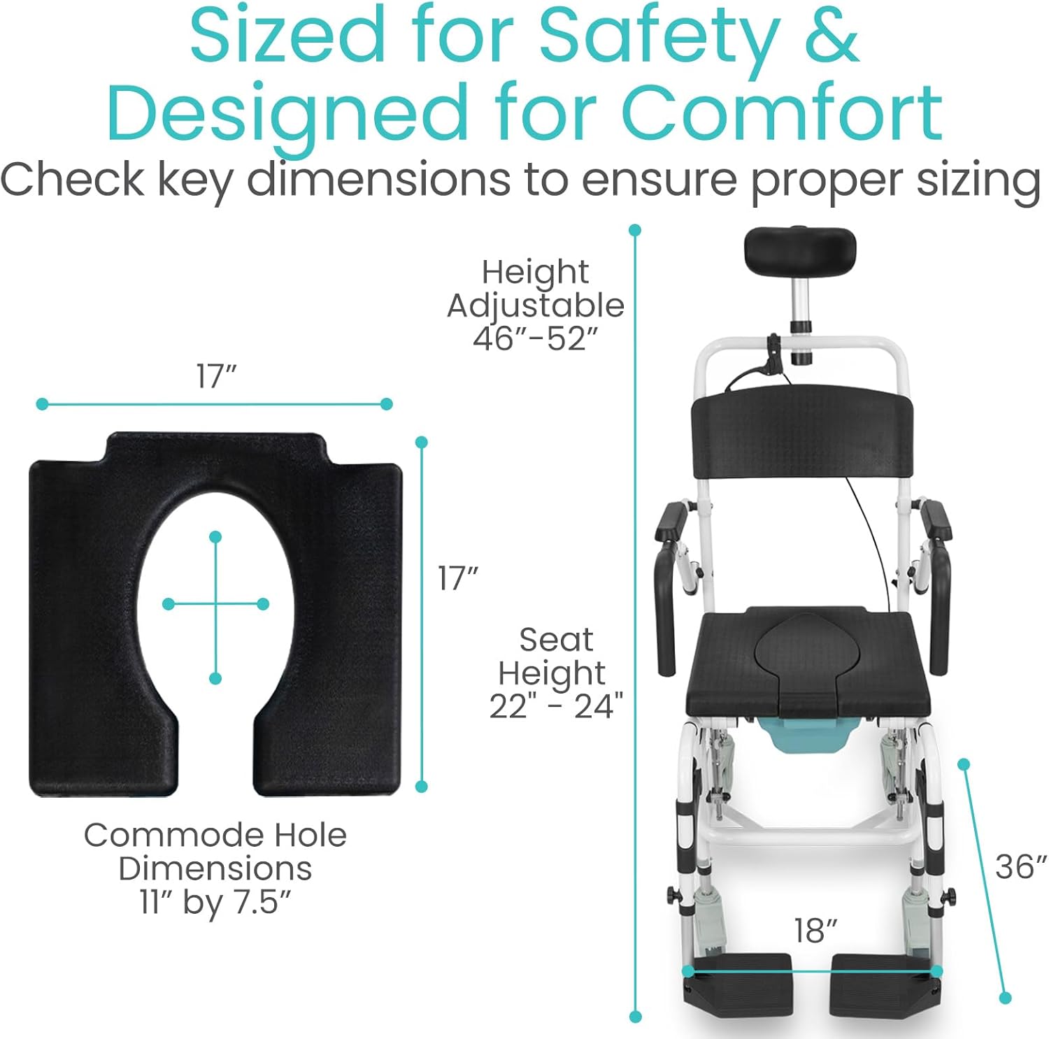 Reclining Shower Chair with Wheels - Commode Wheelchair for Seniors, Disabled, Bariatric & Handicap - Padded Transfer Rolling Chairs with Arms - Portable & Waterproof - Extra Wide Seat