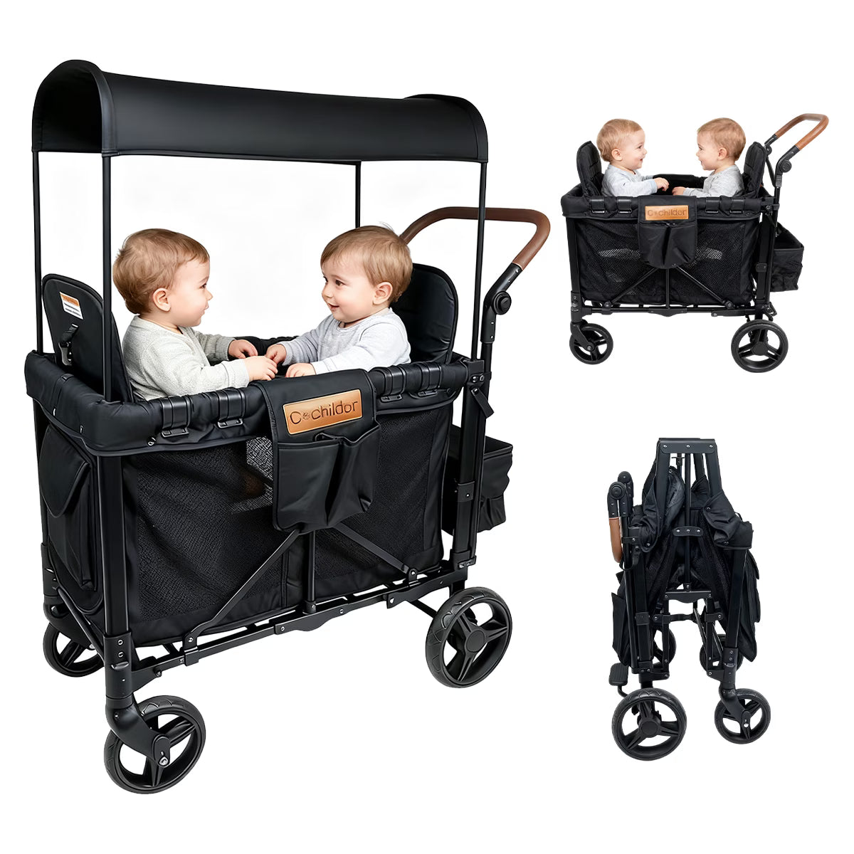 Cochildor All-Terrain Stroller Wagon for 2 Kids - Heavy-Duty Foldable Cart with Canopy, Snack Tray & 5-Point Harness - All-Terrain Traction for Beach, Park, Off-Road - Durable Frame (Gray/Black) - for & Stroller Wagon