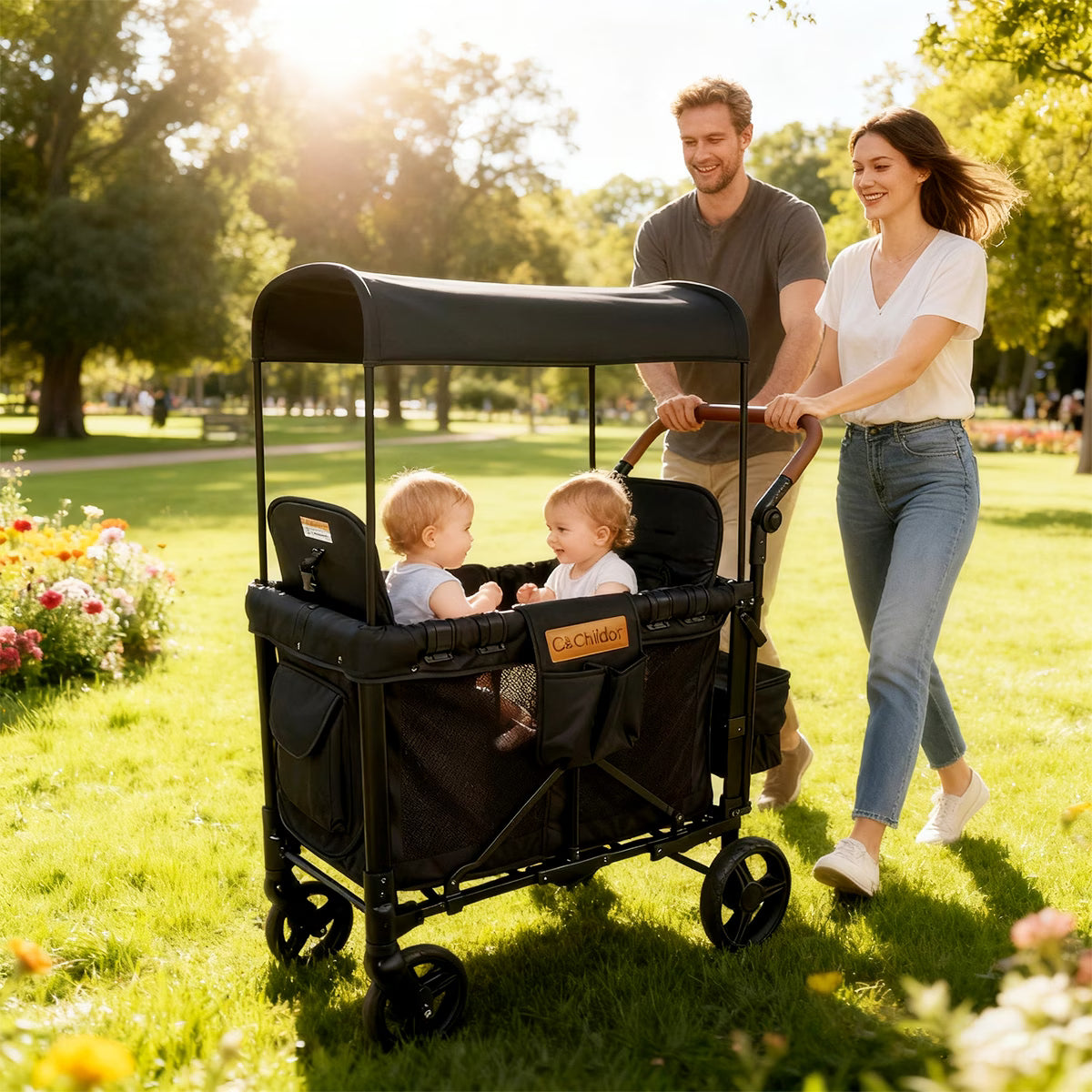Cochildor All-Terrain Stroller Wagon for 2 Kids - Heavy-Duty Foldable Cart with Canopy, Snack Tray & 5-Point Harness - All-Terrain Traction for Beach, Park, Off-Road - Durable Frame (Gray/Black) - for & Stroller Wagon