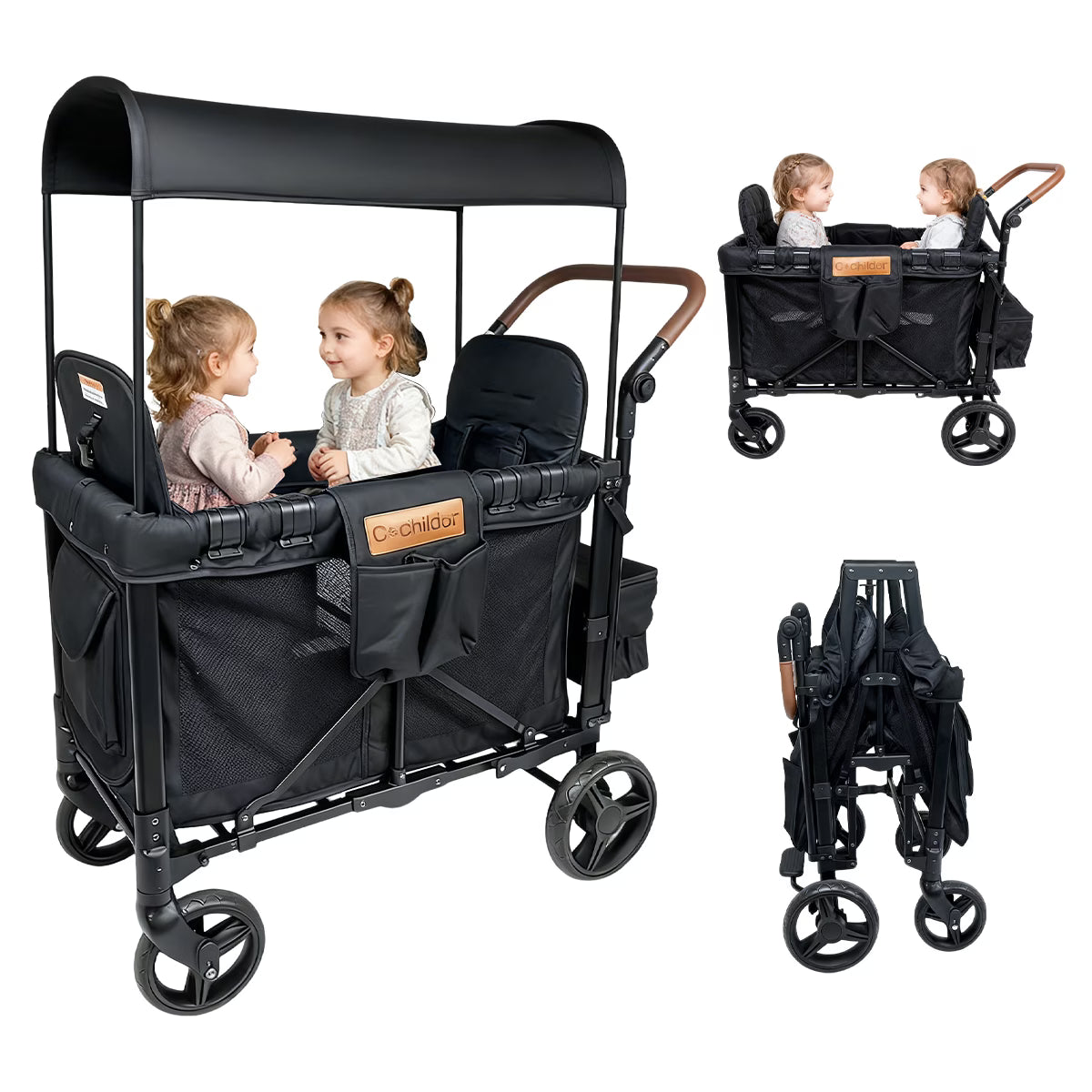 Cochildor All-Terrain Stroller Wagon for 2 Kids - Heavy-Duty Foldable Cart with Canopy, Snack Tray & 5-Point Harness - All-Terrain Traction for Beach, Park, Off-Road - Durable Frame (Gray/Black) - for & Stroller Wagon