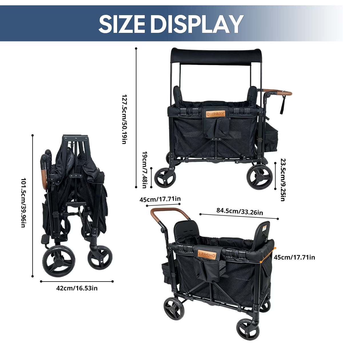 Cochildor All-Terrain Stroller Wagon for 2 Kids - Heavy-Duty Foldable Cart with Canopy, Snack Tray & 5-Point Harness - All-Terrain Traction for Beach, Park, Off-Road - Durable Frame (Gray/Black) - for & Stroller Wagon
