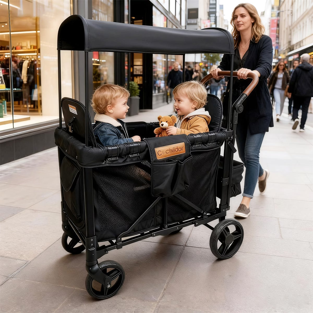 Cochildor All-Terrain Stroller Wagon for 2 Kids - Heavy-Duty Foldable Cart with Canopy, Snack Tray & 5-Point Harness - All-Terrain Traction for Beach, Park, Off-Road - Durable Frame (Gray/Black) - for & Stroller Wagon