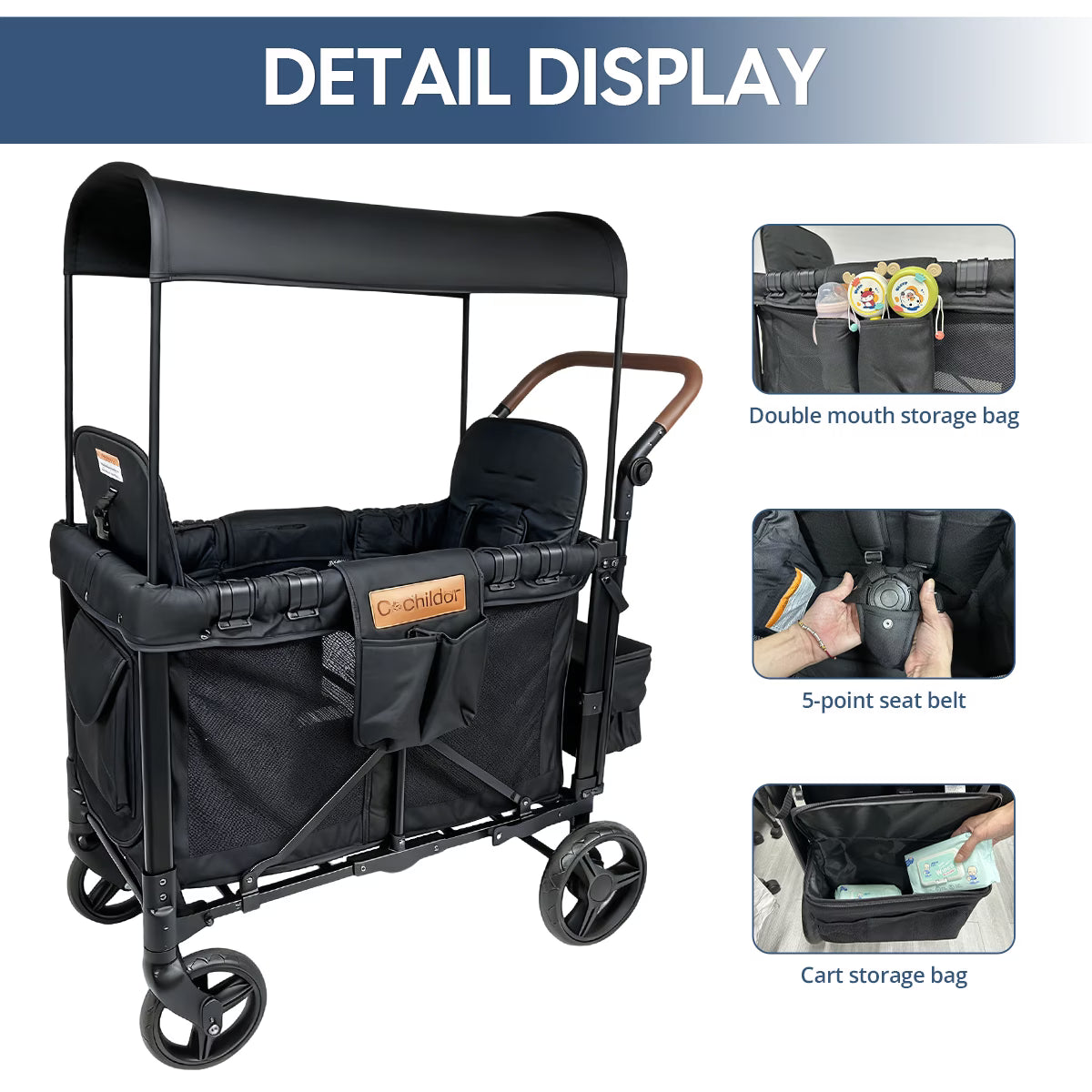 Cochildor All-Terrain Stroller Wagon for 2 Kids - Heavy-Duty Foldable Cart with Canopy, Snack Tray & 5-Point Harness - All-Terrain Traction for Beach, Park, Off-Road - Durable Frame (Gray/Black) - for & Stroller Wagon