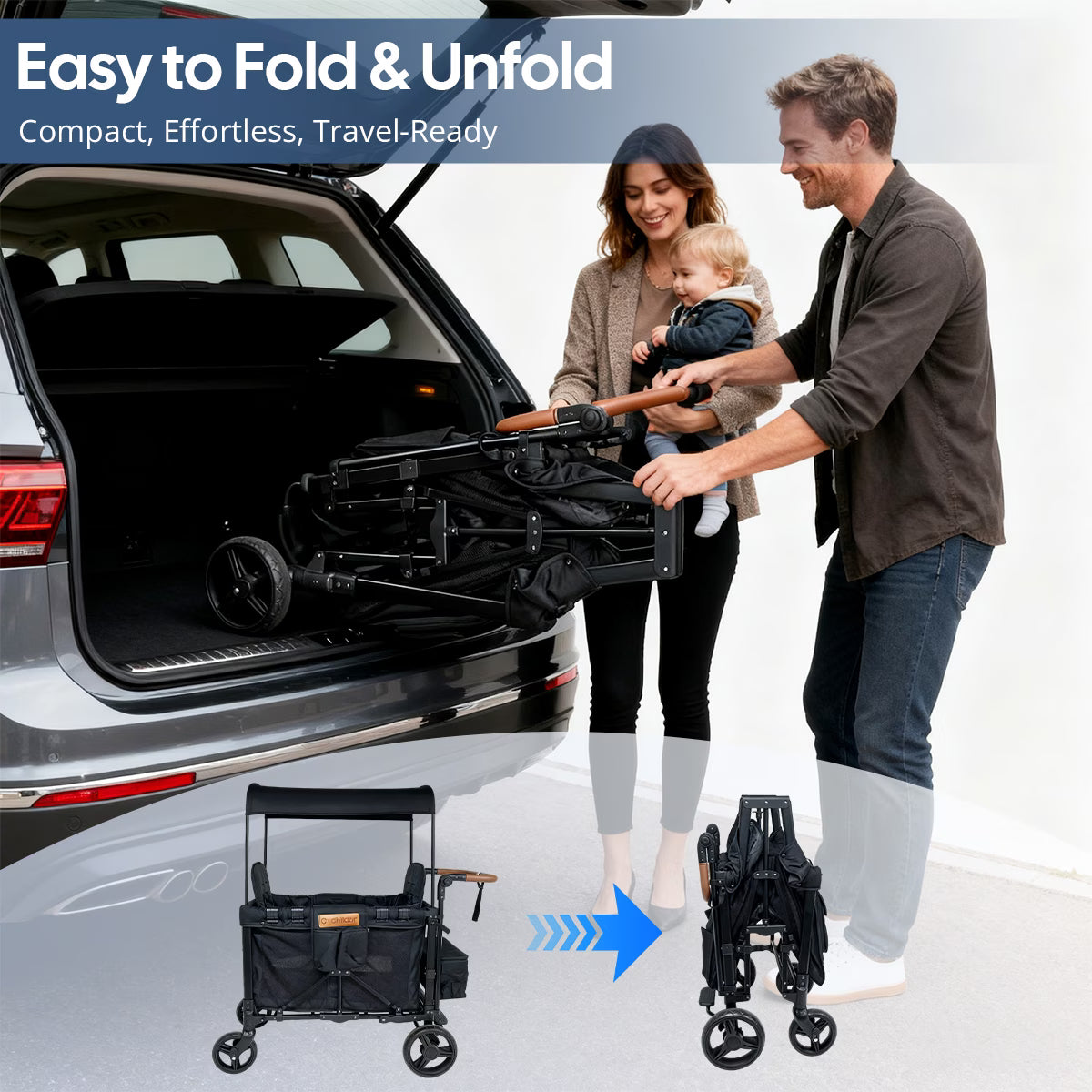 Cochildor All-Terrain Stroller Wagon for 2 Kids - Heavy-Duty Foldable Cart with Canopy, Snack Tray & 5-Point Harness - All-Terrain Traction for Beach, Park, Off-Road - Durable Frame (Gray/Black) - for & Stroller Wagon