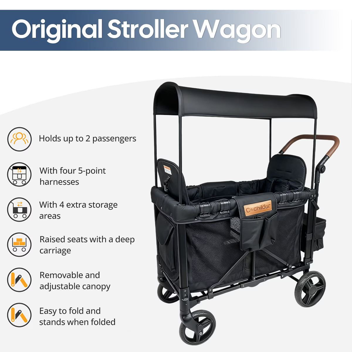 Cochildor All-Terrain Stroller Wagon for 2 Kids - Heavy-Duty Foldable Cart with Canopy, Snack Tray & 5-Point Harness - All-Terrain Traction for Beach, Park, Off-Road - Durable Frame (Gray/Black) - for & Stroller Wagon